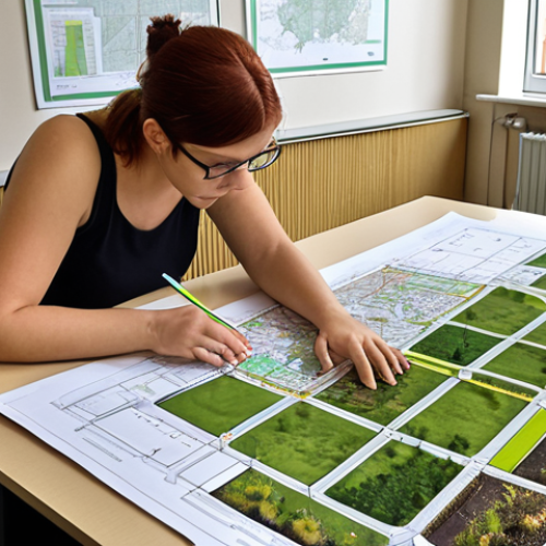 Home 19 **
A person reviewing building plans in a municipal office, with architectural drawings spread out on a desk. The focus should be on the MPZP (Miejscowy Plan Zagospodarowania Przestrzennego) document highlighting regulations for green roofs. The scene should evoke a sense of careful planning and regulatory compliance in Poland. Include elements like the Polish flag subtly in the background.
**