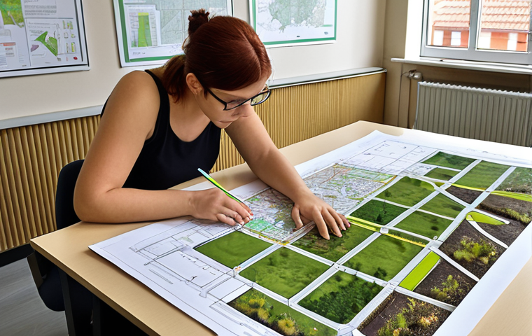 **

A person reviewing building plans in a municipal office, with architectural drawings spread out on a desk. The focus should be on the MPZP (Miejscowy Plan Zagospodarowania Przestrzennego) document highlighting regulations for green roofs. The scene should evoke a sense of careful planning and regulatory compliance in Poland. Include elements like the Polish flag subtly in the background.

**