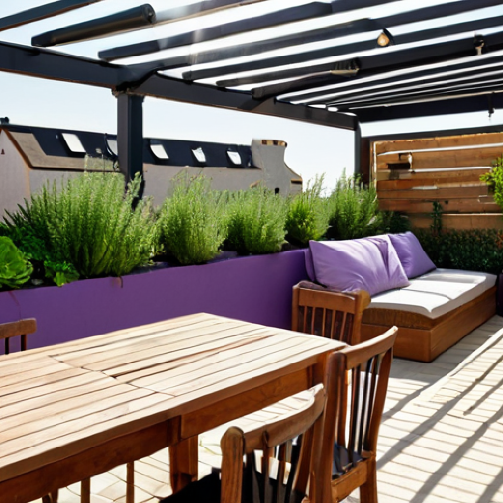 ** A vibrant rooftop garden featuring drought-resistant plants like lavender and sedum, interspersed with herbs and vegetables such as mint and lettuce. The garden is equipped with a drip irrigation system and windbreakers made of wooden panels. In the background, a cozy seating area with weather-resistant furniture invites relaxation. Focus on warm, sunny lighting.

**
