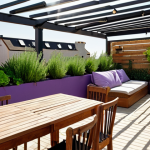 ** A vibrant rooftop garden featuring drought-resistant plants like lavender and sedum, interspersed with herbs and vegetables such as mint and lettuce. The garden is equipped with a drip irrigation system and windbreakers made of wooden panels. In the background, a cozy seating area with weather-resistant furniture invites relaxation. Focus on warm, sunny lighting.

**