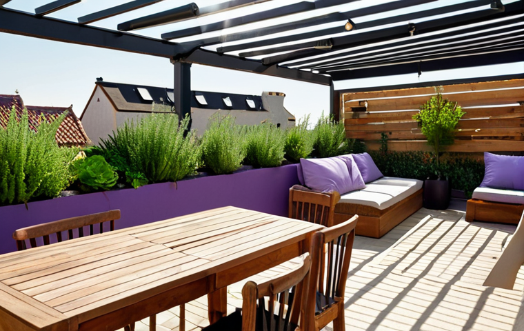 ** A vibrant rooftop garden featuring drought-resistant plants like lavender and sedum, interspersed with herbs and vegetables such as mint and lettuce. The garden is equipped with a drip irrigation system and windbreakers made of wooden panels. In the background, a cozy seating area with weather-resistant furniture invites relaxation. Focus on warm, sunny lighting.

**