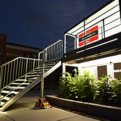 Home 17 **
A rooftop garden scene. Focus on a clearly marked, well-lit emergency escape route (stairs or ladder) leading down from the roof. Include visible safety signage (glowing in the dark). Ensure weather-resistant materials (steel, composite) are used for the escape route. A family doing an evacuation drill.
**