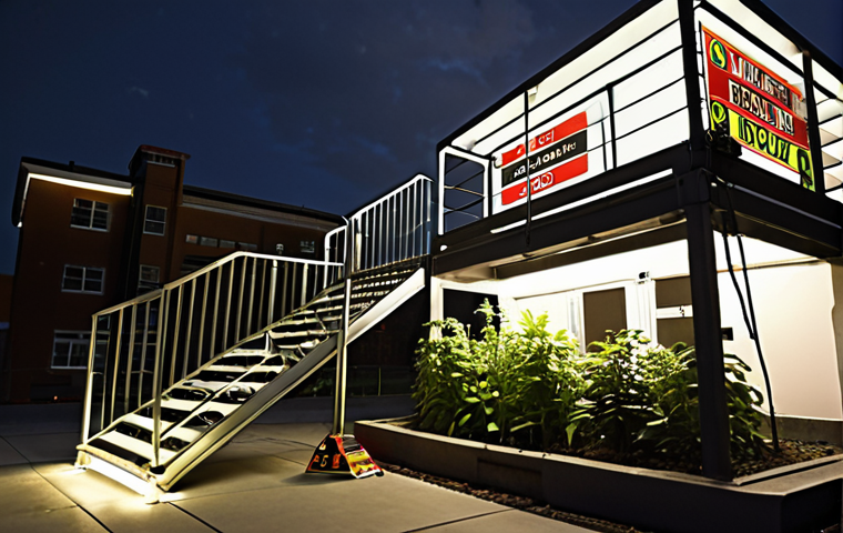 **

A rooftop garden scene. Focus on a clearly marked, well-lit emergency escape route (stairs or ladder) leading down from the roof. Include visible safety signage (glowing in the dark). Ensure weather-resistant materials (steel, composite) are used for the escape route. A family doing an evacuation drill.
**