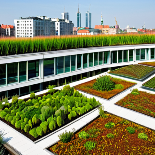 Home 8 A meticulously designed extensive green roof covering the entire rooftop of a modern, multi-story building in a vibrant Polish city. The roof is lush with resilient, drought-resistant plants such as various sedums, succulents, and low-growing grasses, showcasing a beautiful mosaic of green and reddish hues. The architectural lines of the building are clean and contemporary, seamlessly integrating nature into the urban environment. The background features a blurred cityscape with other modern buildings and clear blue skies, hinting at a bustling metropolis like Warsaw or Wrocław. The design emphasizes sustainable urban development, heat island reduction, and biodiversity. Professional architectural photography, natural light, high resolution, detailed, safe for work, appropriate content, fully clothed, modest, family-friendly.
