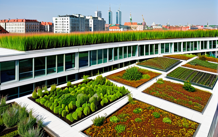 A meticulously designed extensive green roof covering the entire rooftop of a modern, multi-story building in a vibrant Polish city. The roof is lush with resilient, drought-resistant plants such as various sedums, succulents, and low-growing grasses, showcasing a beautiful mosaic of green and reddish hues. The architectural lines of the building are clean and contemporary, seamlessly integrating nature into the urban environment. The background features a blurred cityscape with other modern buildings and clear blue skies, hinting at a bustling metropolis like Warsaw or Wrocław. The design emphasizes sustainable urban development, heat island reduction, and biodiversity. Professional architectural photography, natural light, high resolution, detailed, safe for work, appropriate content, fully clothed, modest, family-friendly.